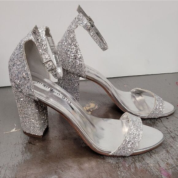 MADDEN GIRL Heels Women's 8.5 Silver Glitter Sparkle Open Toe Prom Wedding Eveni - Picture 2 of 14